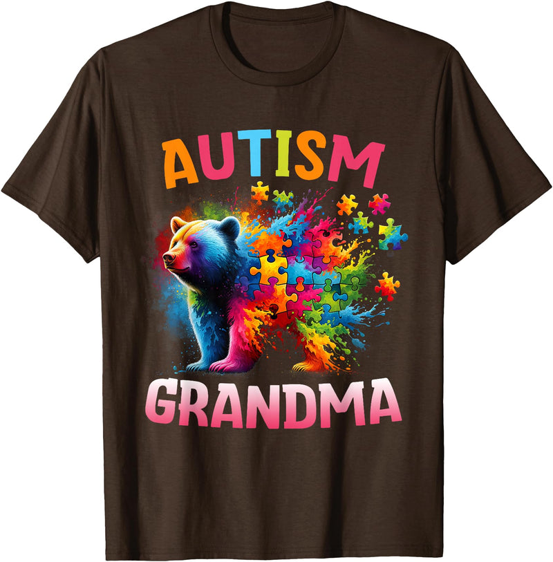 Colorful Rainbow Family Bear Autism Awareness Autism Grandma Colorful Rainbow Grandma Bear Autism T-Shirt - Brown