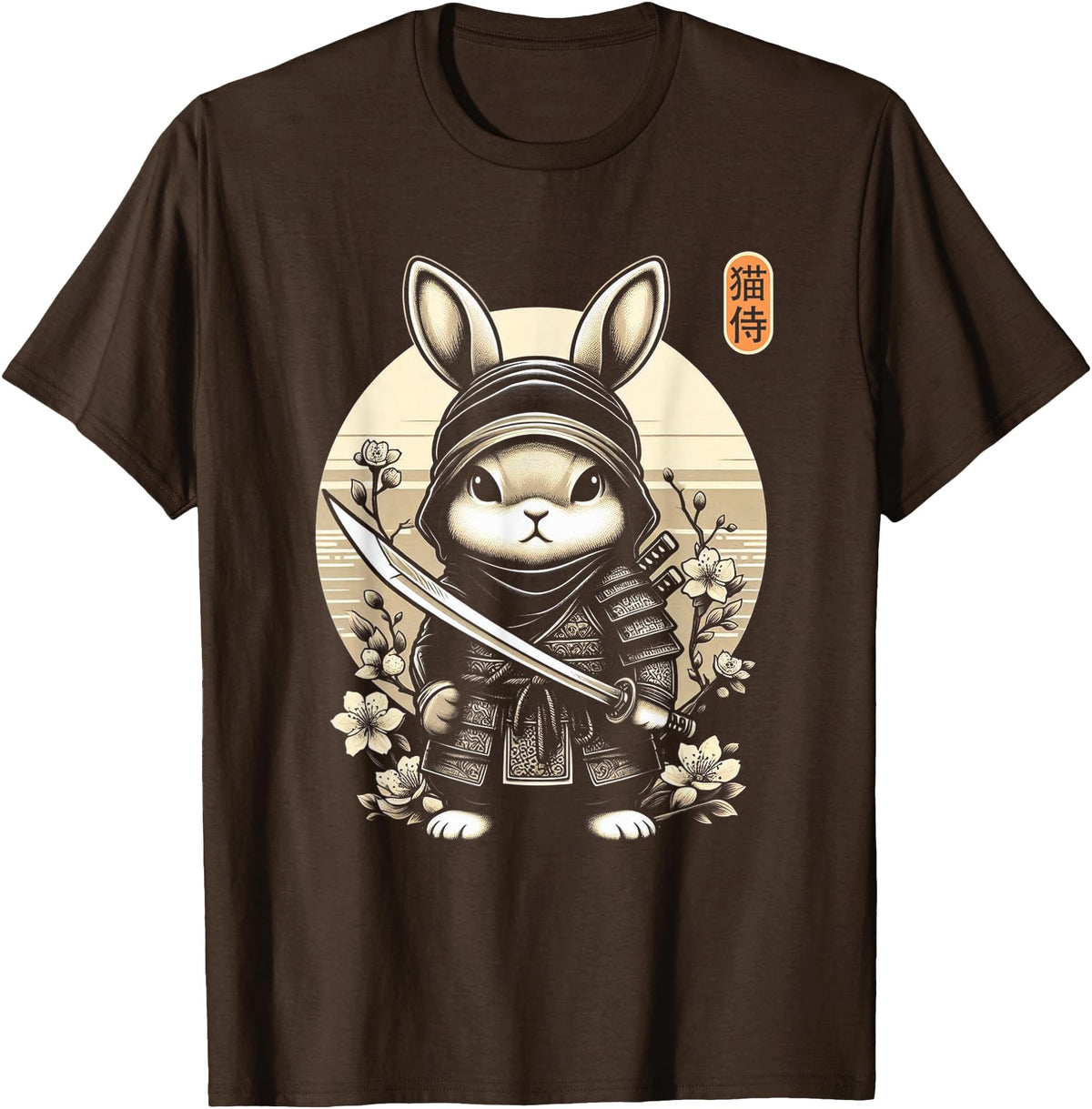 Japanese Samurai Ninja Rabbit Tattoo Japanese Kawaii Art T-Shirt in Brown