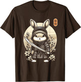 Japanese Samurai Ninja Rabbit Tattoo Japanese Kawaii Art T-Shirt in Brown