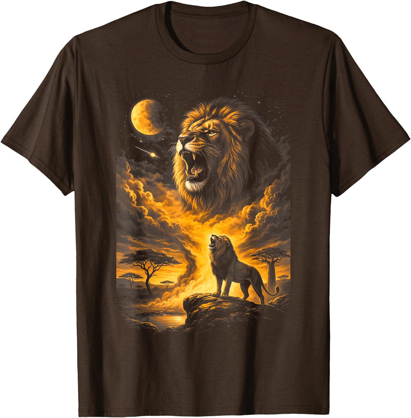 Howzit South Africa Majestic Roaring Lion Savanna Moon Night Sky African Safari T-Shirt - Brown