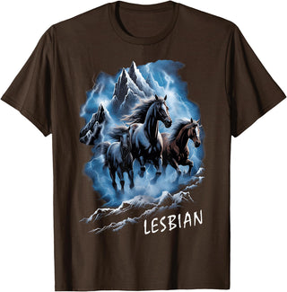 Horses Running Through Lightning Lesbian 90s Vintage Pride T-Shirt - Brown