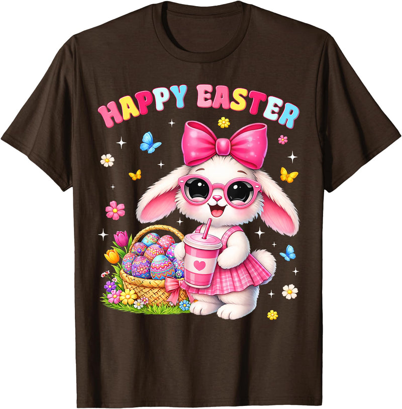 Happy Easter Coquette Easter Egg Rabbit Bunny Women Girl Kid T-Shirt in Brown