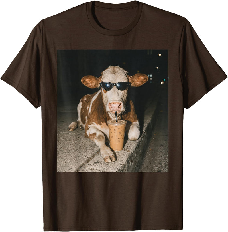 Funny Cow Drinking Iced Coffee Meme Cow Drinking Iced Coffee Funny Animal Meme Tee T-Shirt - Brown