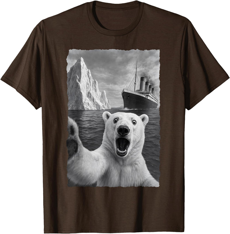 Funny Polar Bear Selfie Titanic T-Shirt - Brown