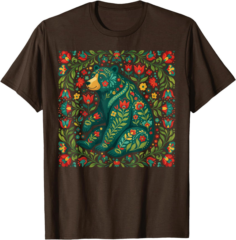 Nordic Scandinavian Folk Art Flower Designs Scandinavian Folk Art Bear Floral Pattern Nordic Animal T-Shirt - Brown