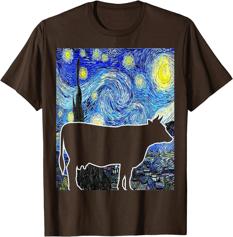 Funny Cow Van Gogh Famous Painting Cow Starry Night Van Gogh Funny Cow Farmer T-Shirt - Brown