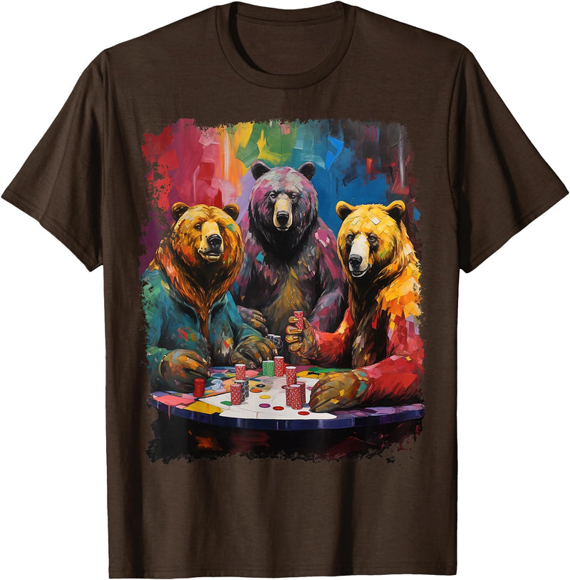 Noah&Friends Playing Card Pop Art Gambling Bears Playing Poker Cards T-Shirt - Brown