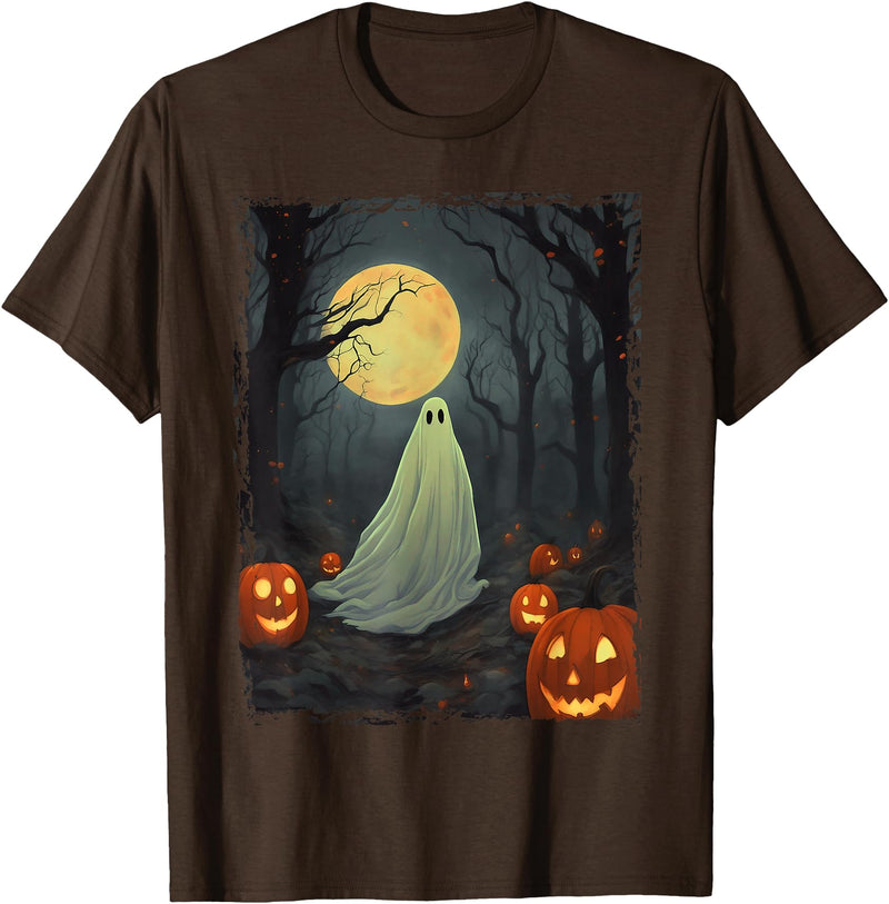 Dibble Dabble Designs Halloween Vintage Ghost in Gothic Forest Full Moon Halloween T-Shirt - Brown