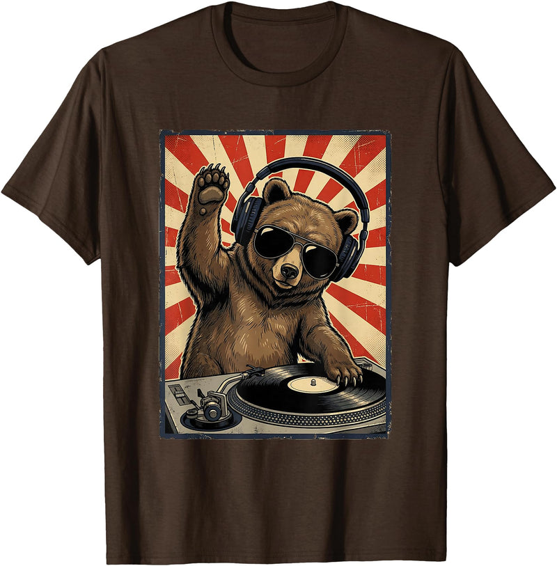 Bear DJ Stuff & Accessories Cool Retro Bear DJ Funny Bears Music Men Women Kids T-Shirt - Brown