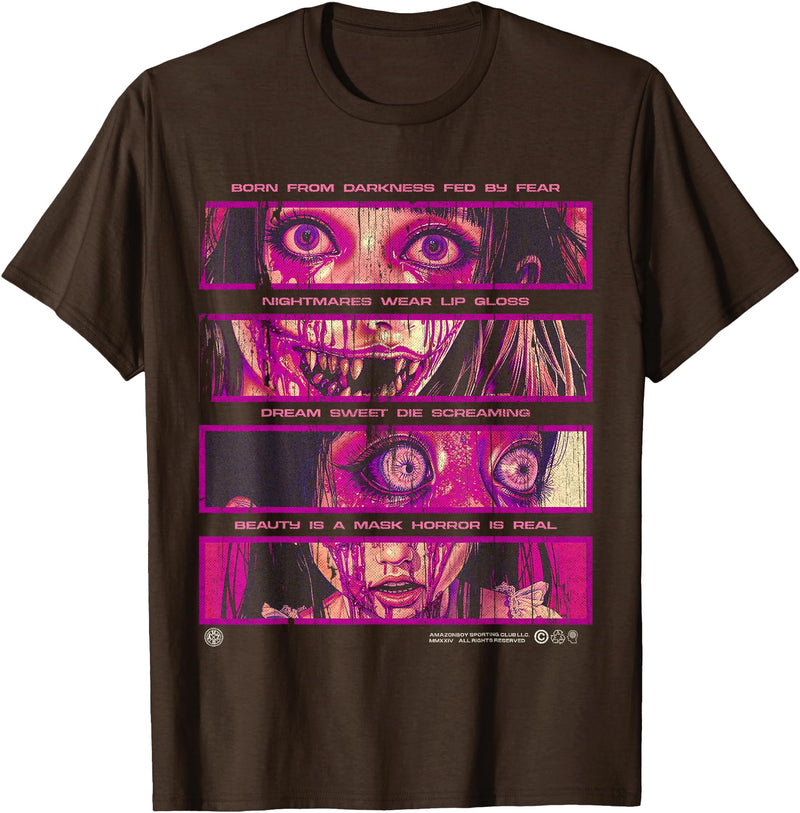 AMZB Creepy Manga Anime Girl Japanese Horror Streetwear Y2K Otaku T-Shirt - Brown