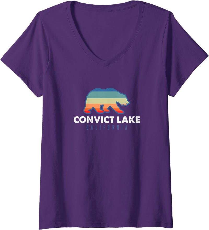 Convict Lake Shirts Womens Convict Lake California Sunset Bear Outdoors Boating Fishing V-Neck T-Shirt - Purple