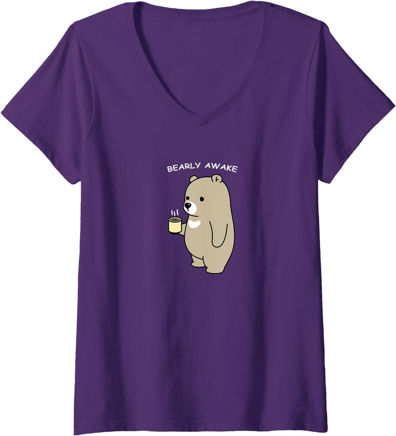 Cute Coffee Doodle Womens Animal Pun "Bearly Awake", Sleepy Bear with a Cup of Coffee V-Neck T-Shirt - Purple