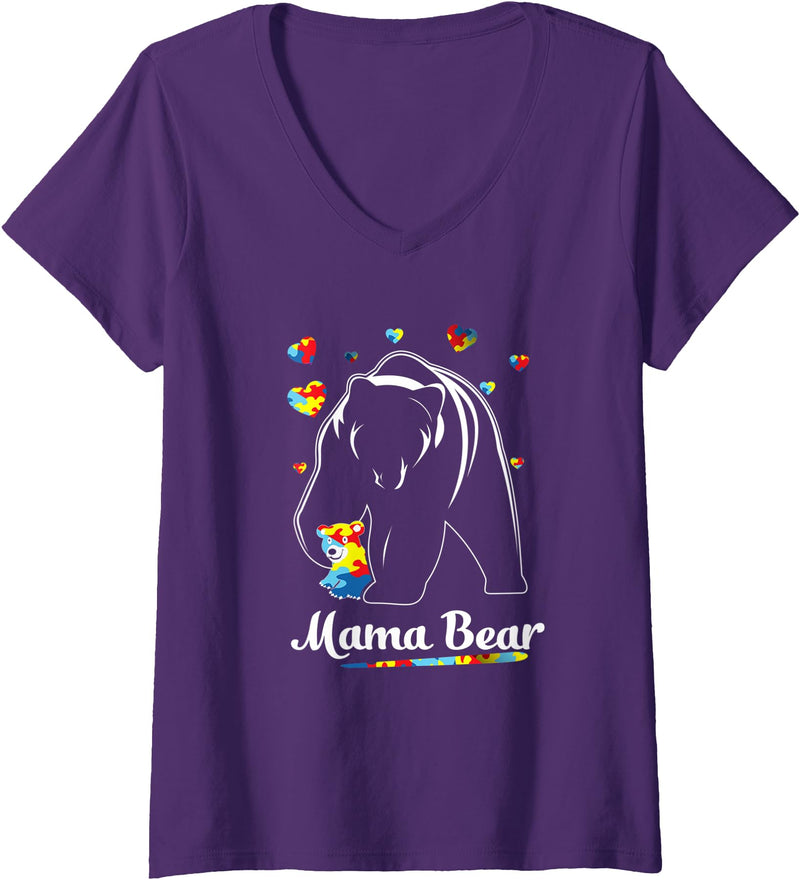 Autism Bear T-shirts Womens Autism Mom Mama Bear Mother’s Day Cute Autism Matching V-Neck T-Shirt - Purple