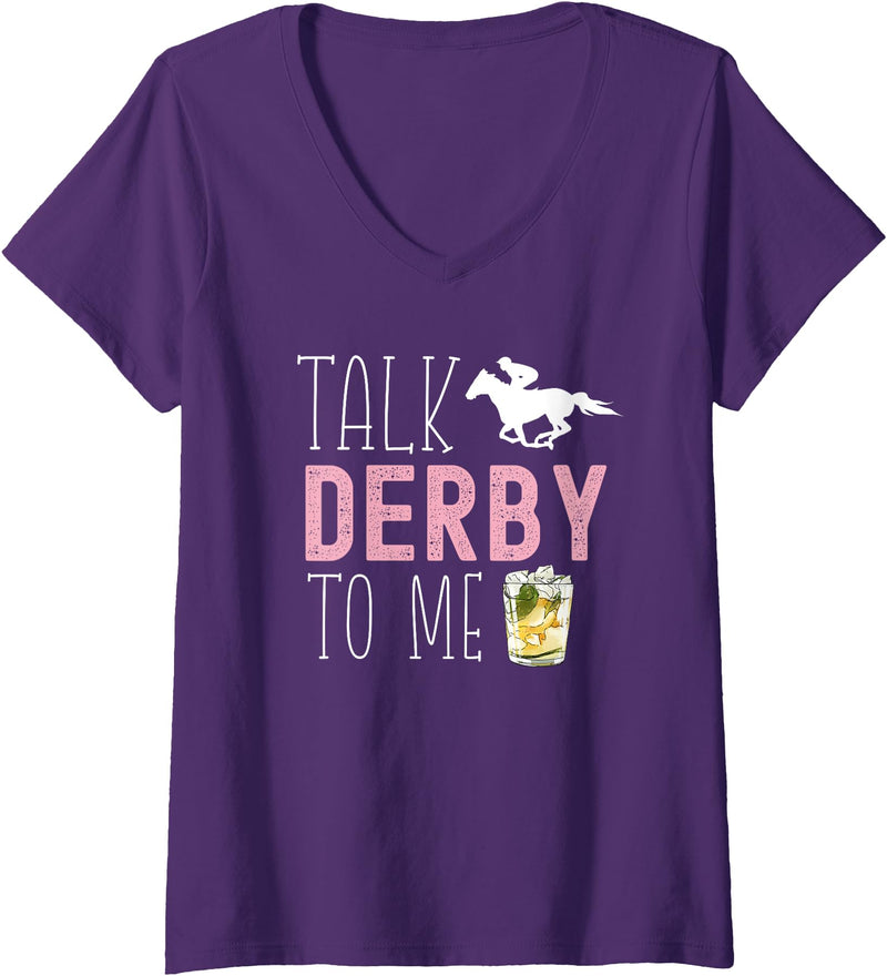 Talk Derby To Me Horse Racing Fan Apparel Womens Talk Derby to Me Horse Racing Fan Funny Derby Day V-Neck T-Shirt - Purple