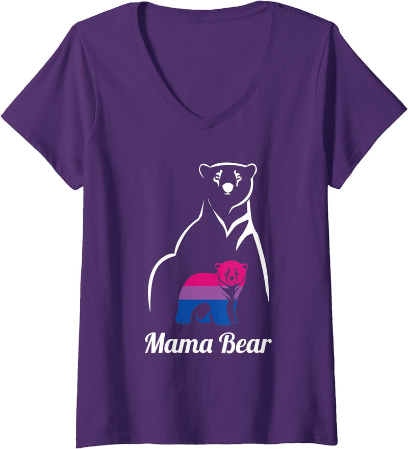 LGBT Bisexual Pride Mama Bear Designs Co. Womens LGBT Bisexual Pride Mama Bear Bi V-Neck T-Shirt - Purple