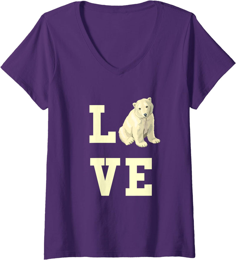 Womens Love with Polar Bear V-Neck T-Shirt - Purple