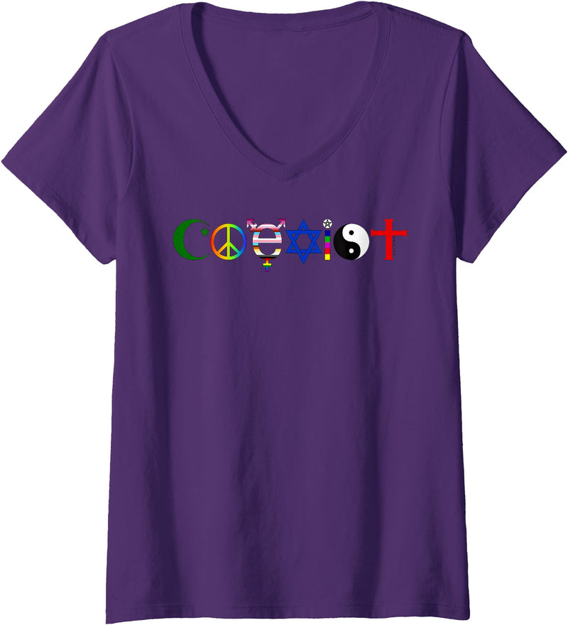 Bear In The Cloud Womens Coexist V-Neck T-Shirt - Purple