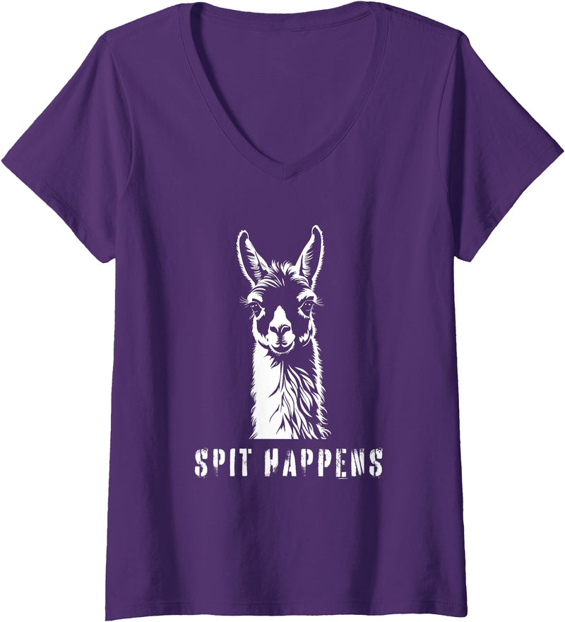 Womens Funny Llama Spit Happens - Llama Drama V-Neck T-Shirt - Purple