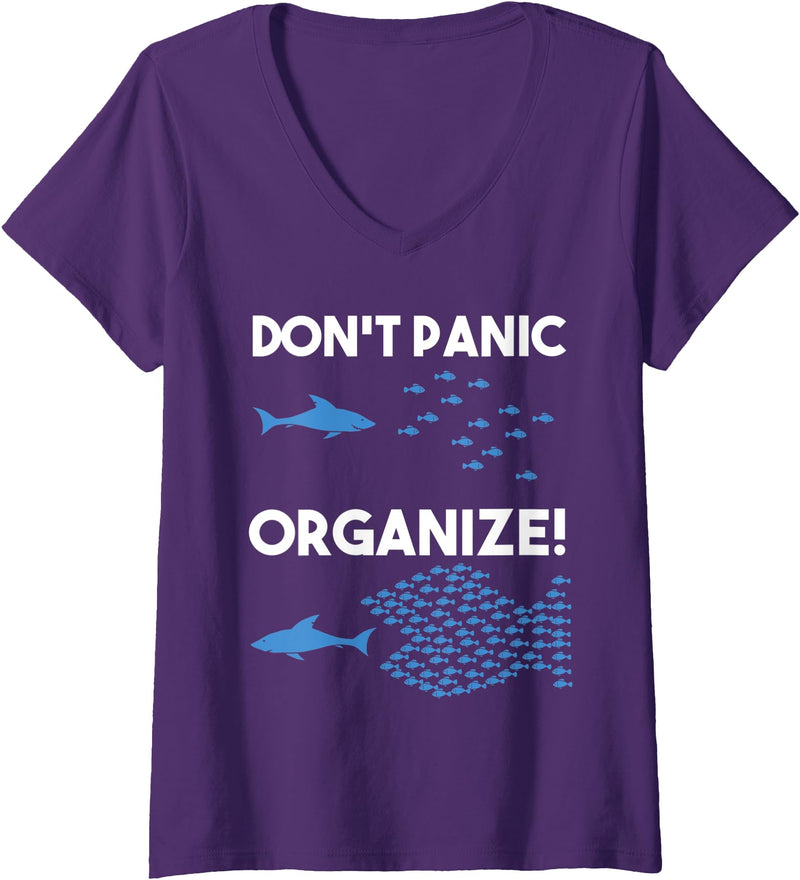 Fishes Fish Swarm Organise Womens Don't Panic Organize Fish Swarm Shark V-Neck T-Shirt - Purple