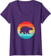 Funny Silhouettes in Retro Sunset Designs Women's Polar Bear Silhouette Retro Vintage Sunset 80s Distressed V-Neck T-Shirt - Purple