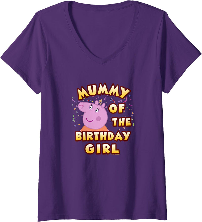 Womens Peppa Pig Mummy of The Birthday Girl V-Neck T-Shirt Small - Purple