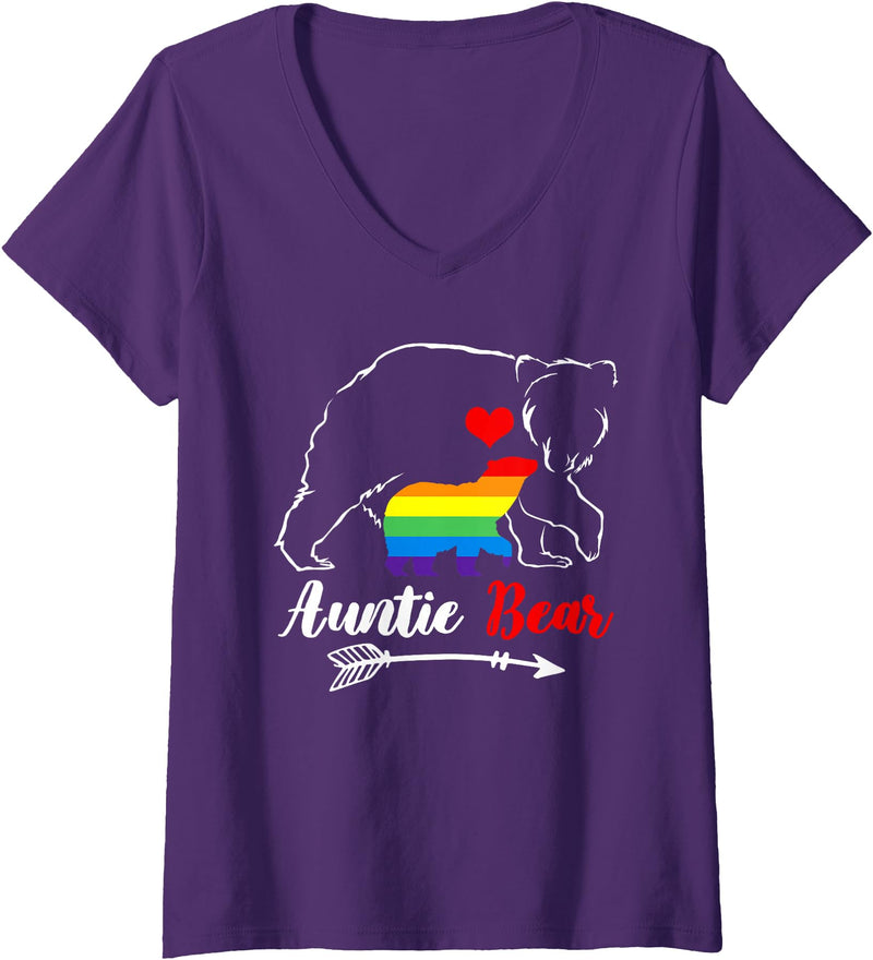 Funny Bear Family Gay LGBT Pride HBL Womens LGBT Auntie Bear Aunt Gay Pride Proud Mom Mother's Day V-Neck T-Shirt - Purple