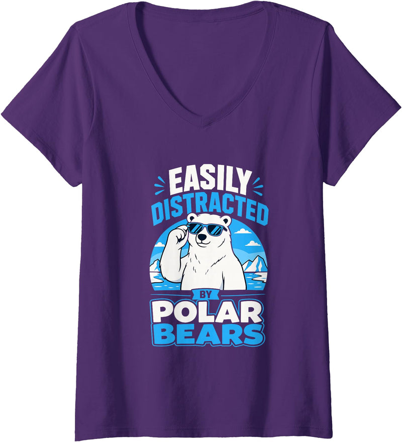 Women's Easily Distracted By Polar Bears V-Neck T-Shirt - Purple