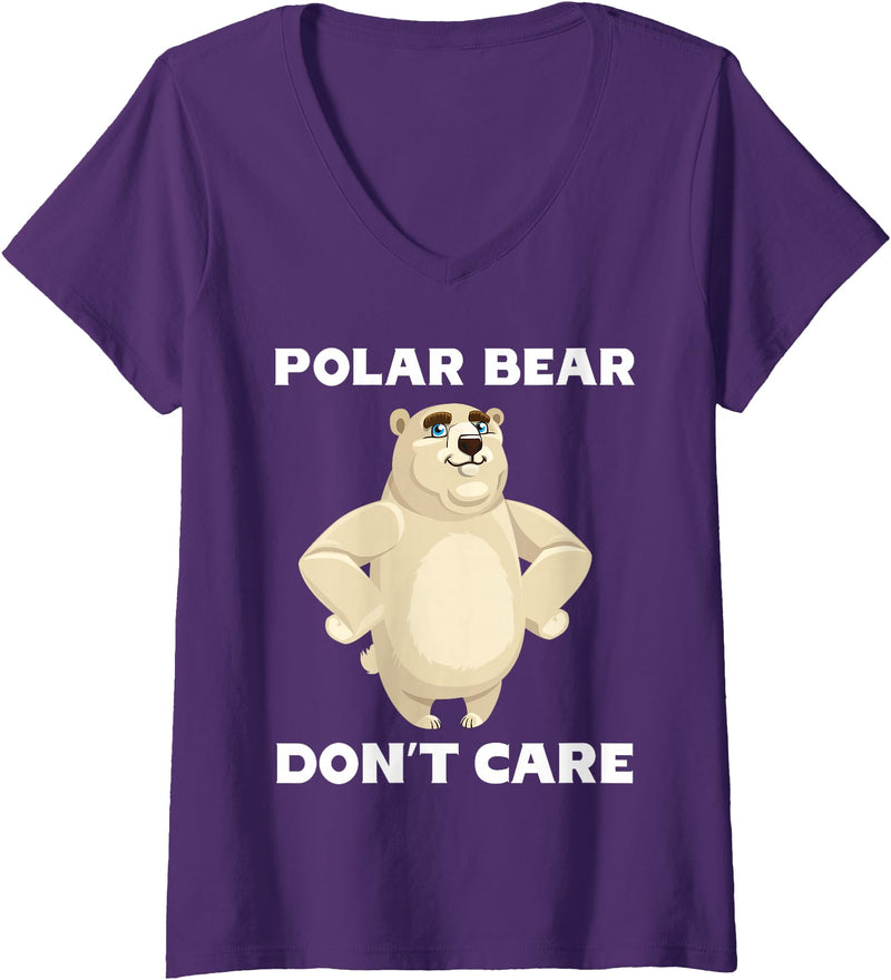 FUNNY POLAR BEAR PRODUCTS Women's Polar Bear Don't Care Funny Quote Saying Slogan Phrase Joke V-Neck T-Shirt - Purple