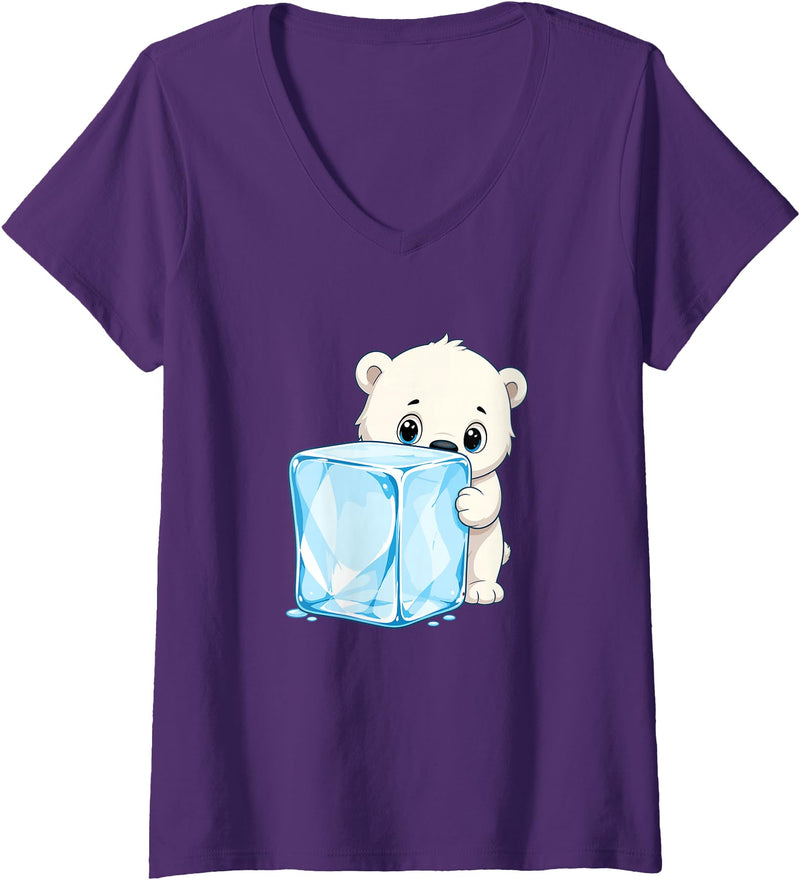 Cute Polar Bear Ice Cube Arctic Kawaii Women's Adorable Baby Polar Bear Hugging Big Ice Cube V-Neck T-Shirt - Purple