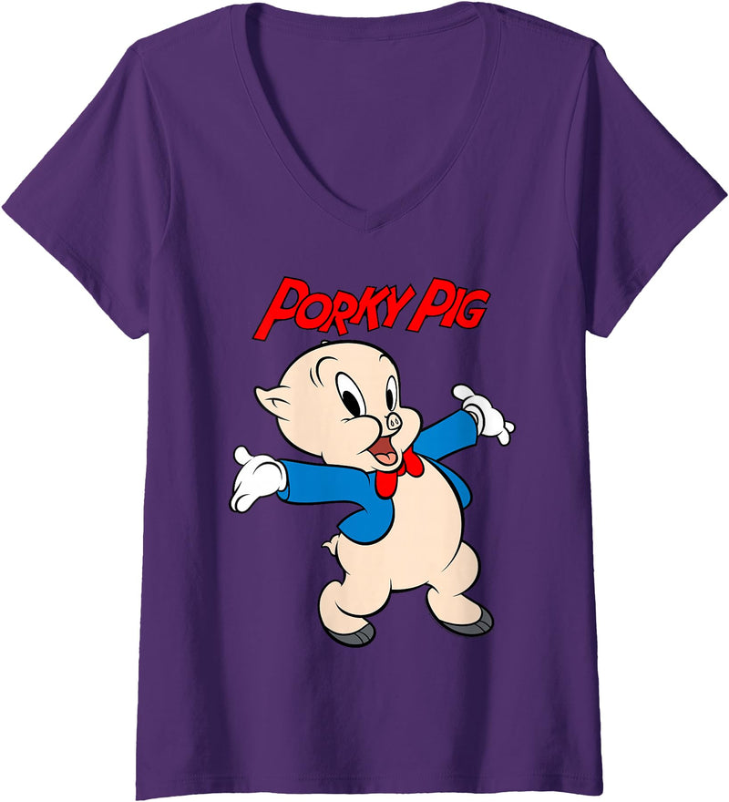 Womens Looney Tunes Porky Pig Vintage Portrait V-Neck T-Shirt - Purple