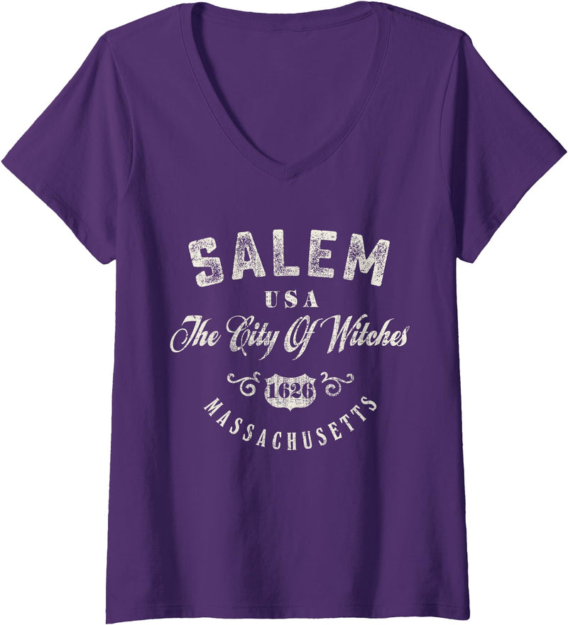 American City Womens Salem The City Of Witches Massachusetts Vintage V-Neck T-Shirt - Purple