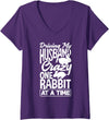 Womens Driving My Husband Crazy One Rabbit at a Time V-Neck T-Shirt in Purple