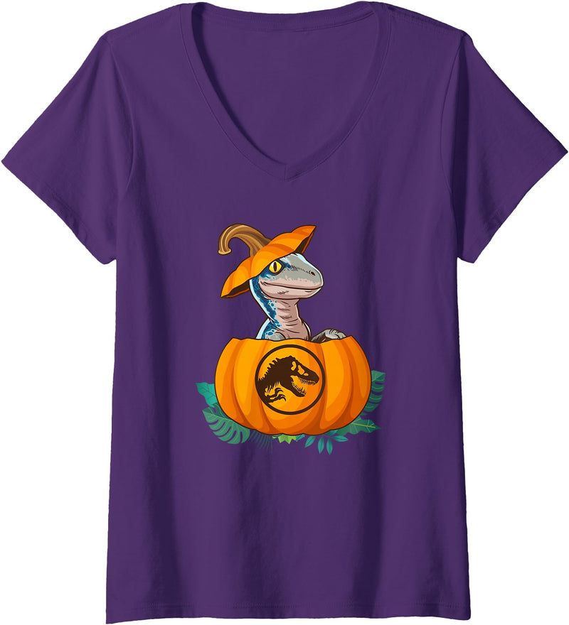 Women's Jurassic World Halloween Dinosaur Pumpkin Logo V-Neck T-Shirt - Purple