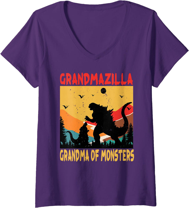 Grandma Halloween Designs Women's Grandmazilla Grandma Of Monsters Women Halloween Christmas V-Neck T-Shirt - Purple