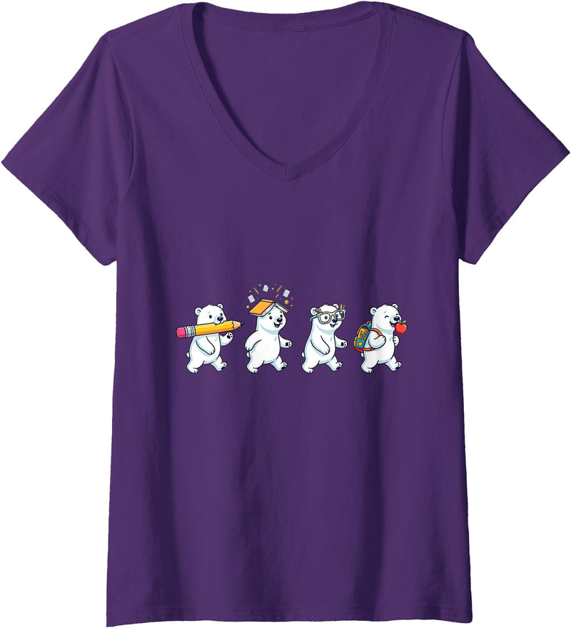Cute Polar Bear Lovers First Day of School Costume Women's Funny Polar Bear Back to School Teacher Student V-Neck T-Shirt - Purple
