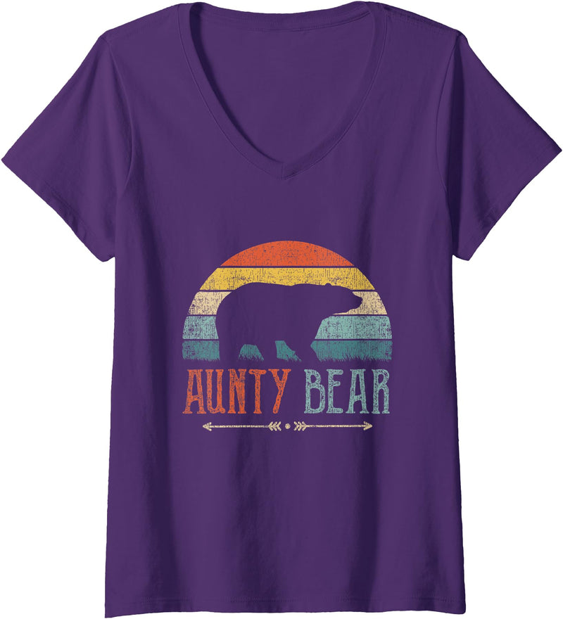 Cute Bear Family Matching Shirts & Gifts Womens Aunty Bear Vintage Retro Aunt Present Auntie V-Neck T-Shirt - Purple
