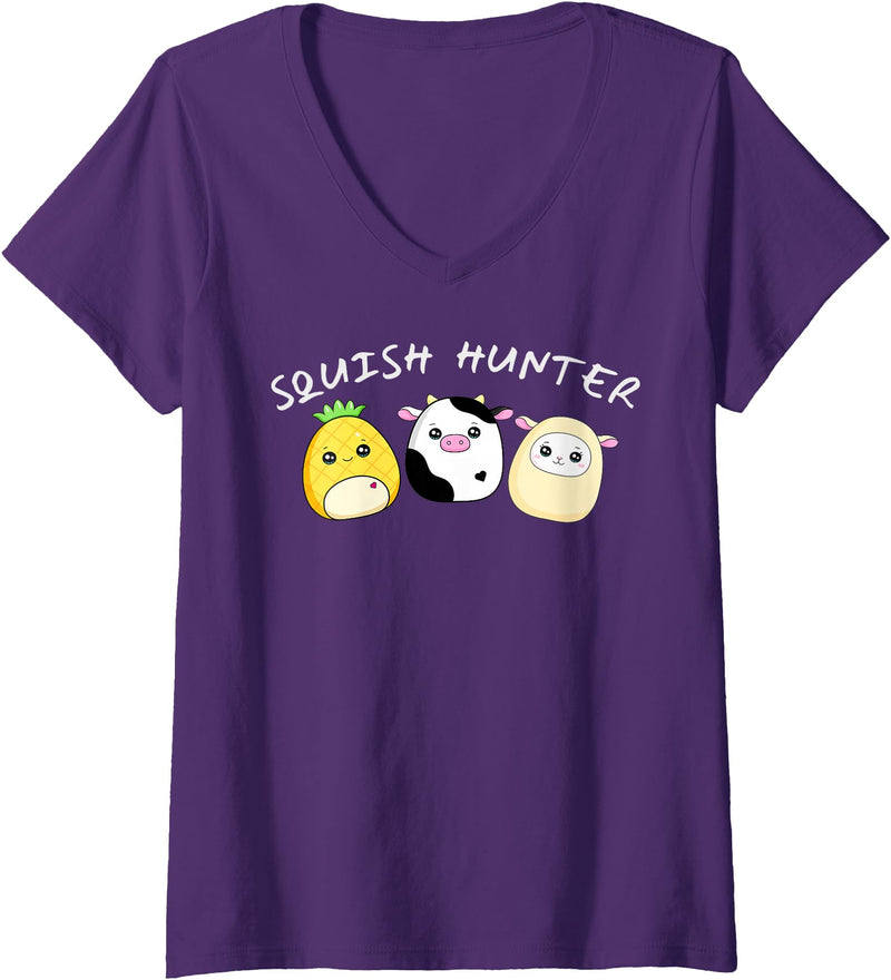 Funny anime designs Womens Squish hunter cute animals pineapple cow lamb V-Neck T-Shirt - Purple