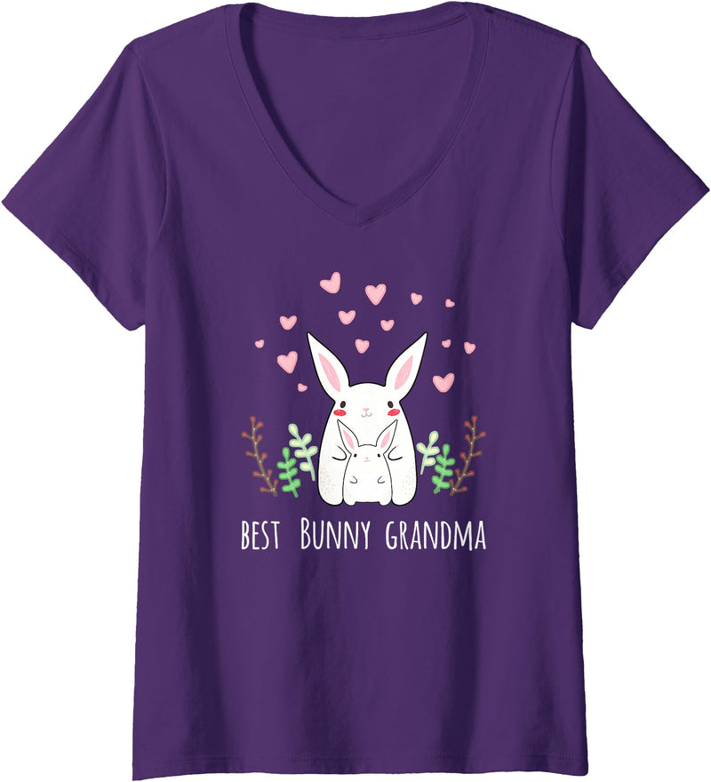 Women's Cute Bunny Grandma Rabbit Grandmother V-Neck T-Shirt in Purple