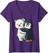 Penguin and Polar Bear Hug Antarctica Animals Womens Cute Polar Bear and Penguin Arctic Animal Lover Hugging V-Neck T-Shirt - Purple