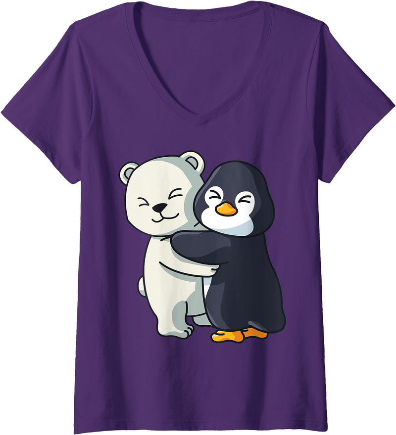 Penguin and Polar Bear Hug Antarctica Animals Womens Cute Polar Bear and Penguin Arctic Animal Lover Hugging V-Neck T-Shirt - Purple
