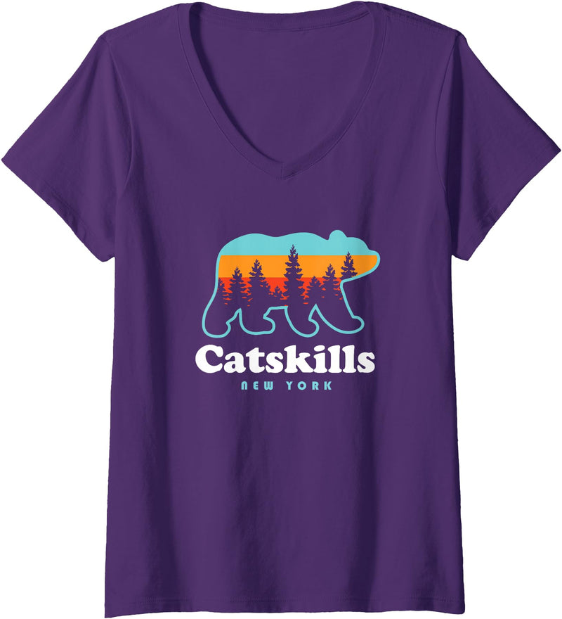Catskill Mountains Womens Catskills NY Bear Mountains Camping Hiking New York V-Neck T-Shirt - Purple