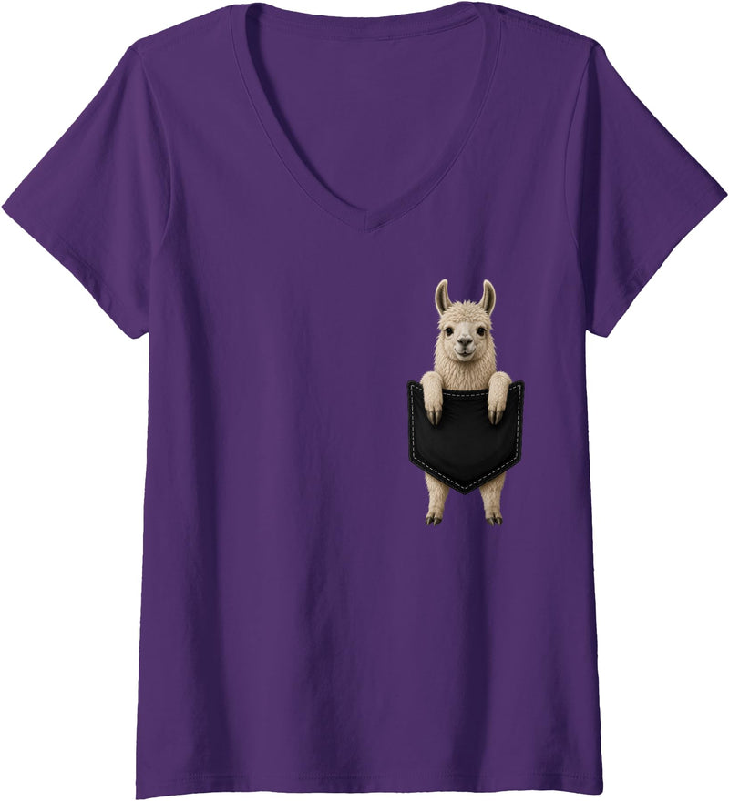 Funny Llama in Pocket Women's Llama Lover Cute Pocket V-Neck T-Shirt - Purple