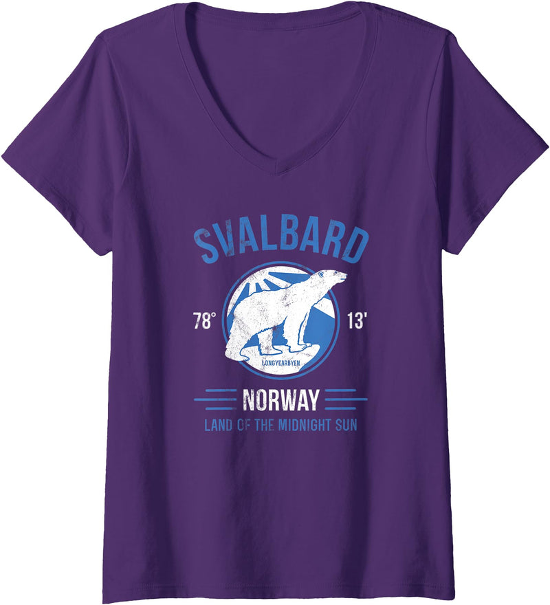 Svalbard T-Shirt Co. Womens Svalbard Polar Bear Aurora | Longyearbyen Spitsbergen Norway V-Neck T-Shirt - Purple