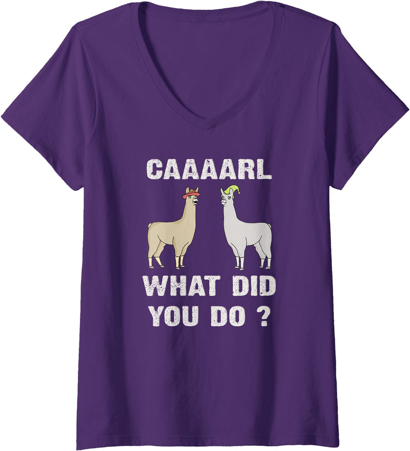 GenX Gear Women's Funny Llamas Carl What did You Do? CAAAARL with Hats Meme V-Neck T-Shirt - Purple