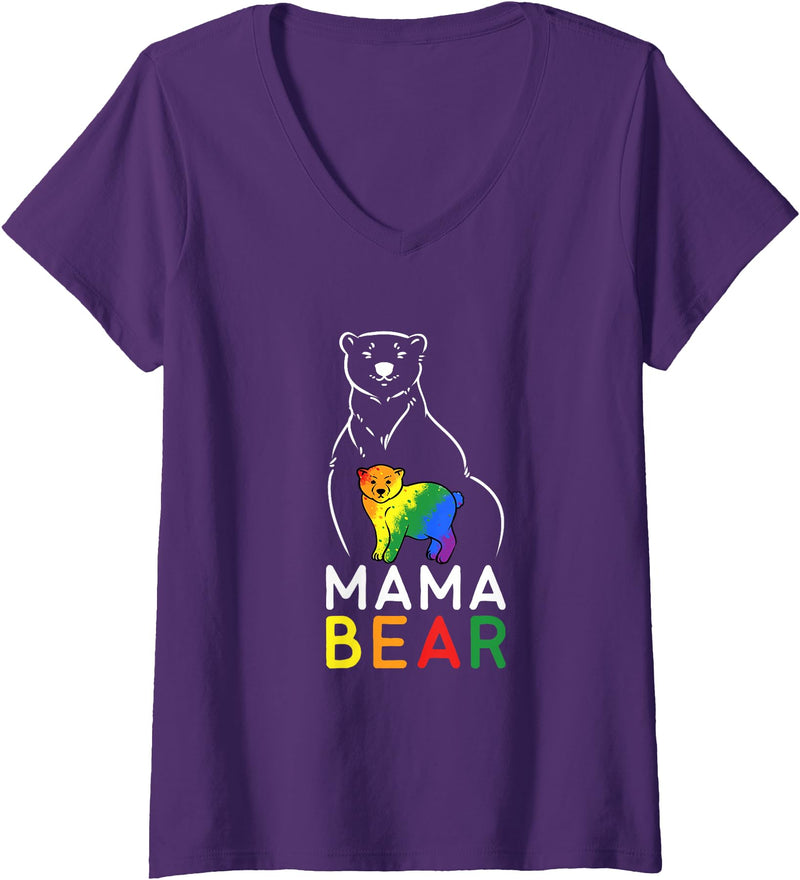 Pride Month Merch Gifts Women's LGBT Mama Bear Gay Pride Equal Rights Rainbow V-Neck T-Shirt - Purple