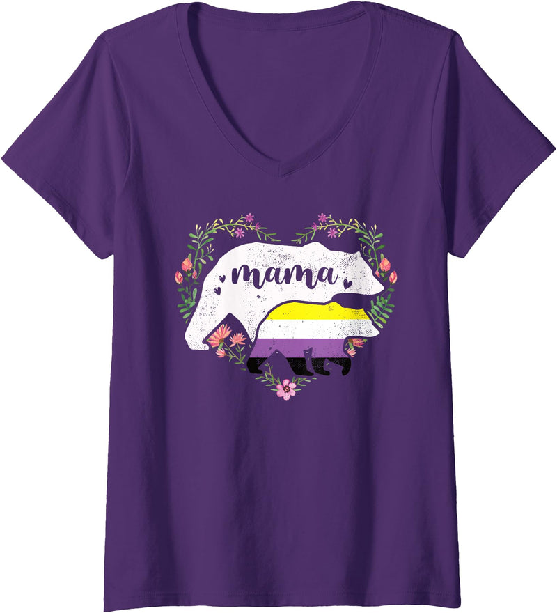 LGBT Non Binary Pride Shirt Mom Mama Bear for Moms Womens LGBTQ Mama Bear Non Binary Gay Equal Rights Rainbow V-Neck T-Shirt - Purple