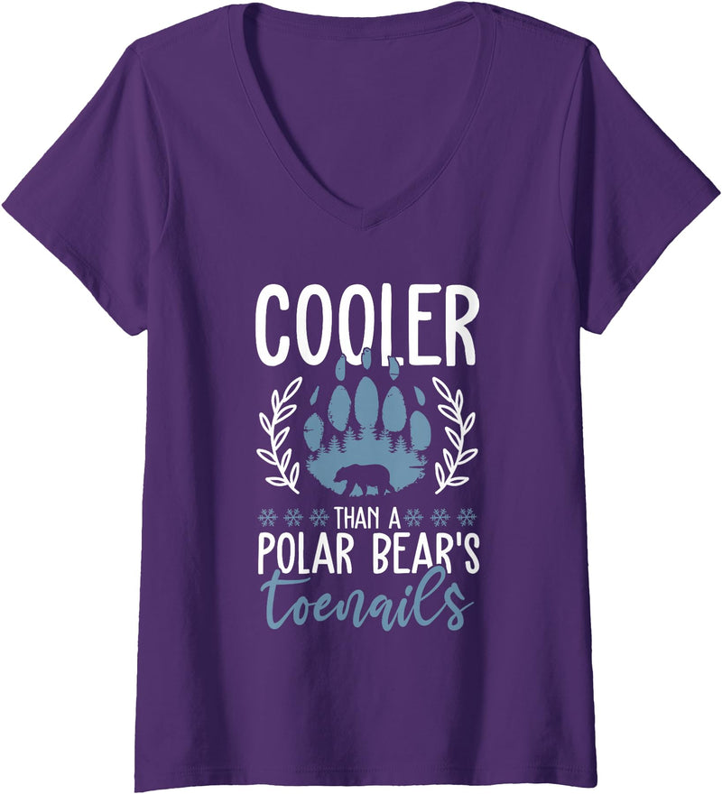 Polar Bear Apparel and Gifts Women's Funny Polar Bear Quote - Cooler Than A Polar Bear's Toenails V-Neck T-Shirt - Purple