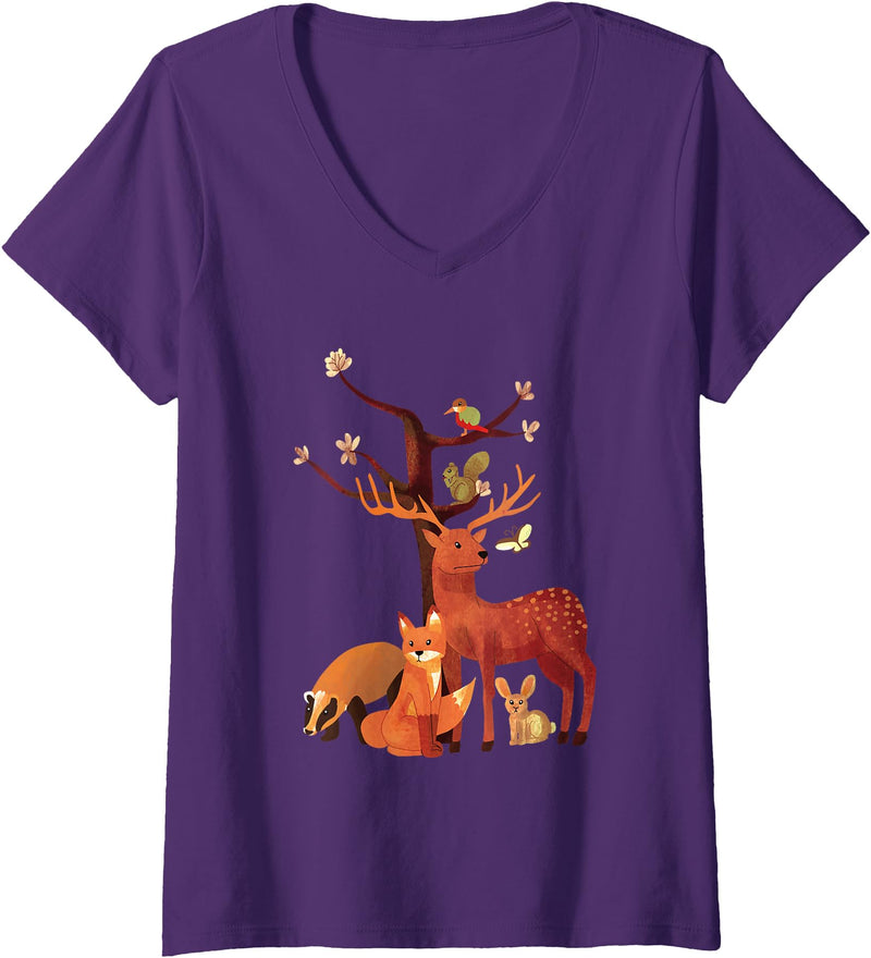 Womens Woodland Animals Deer Fox Rabbit Squirrel V-Neck T-Shirt in Purple