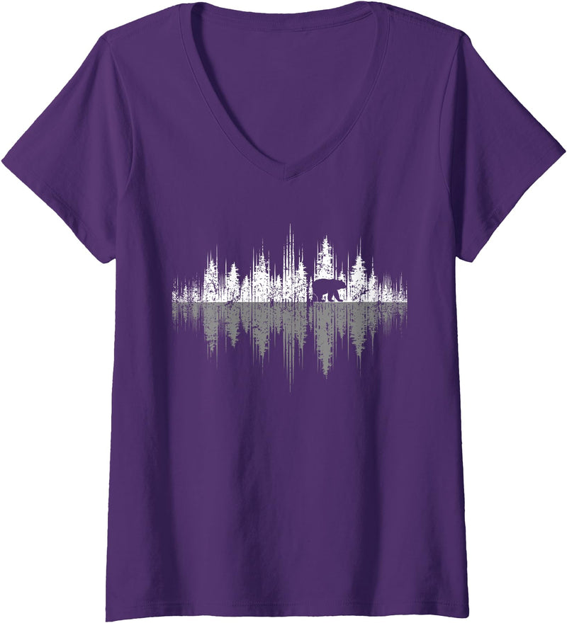 Outdoor Wild Retro Forest Gifts Womens Trees Reflection Wildlife Nature Animal Bear Outdoor Forest V-Neck T-Shirt - Purple