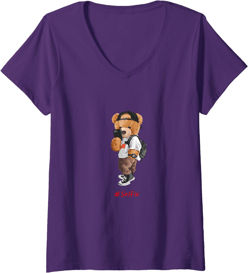 Bahaa's Tee Womens Men's Women's Kids Teddy Bear Graphic Cool Designs Funny V-Neck T-Shirt - Purple